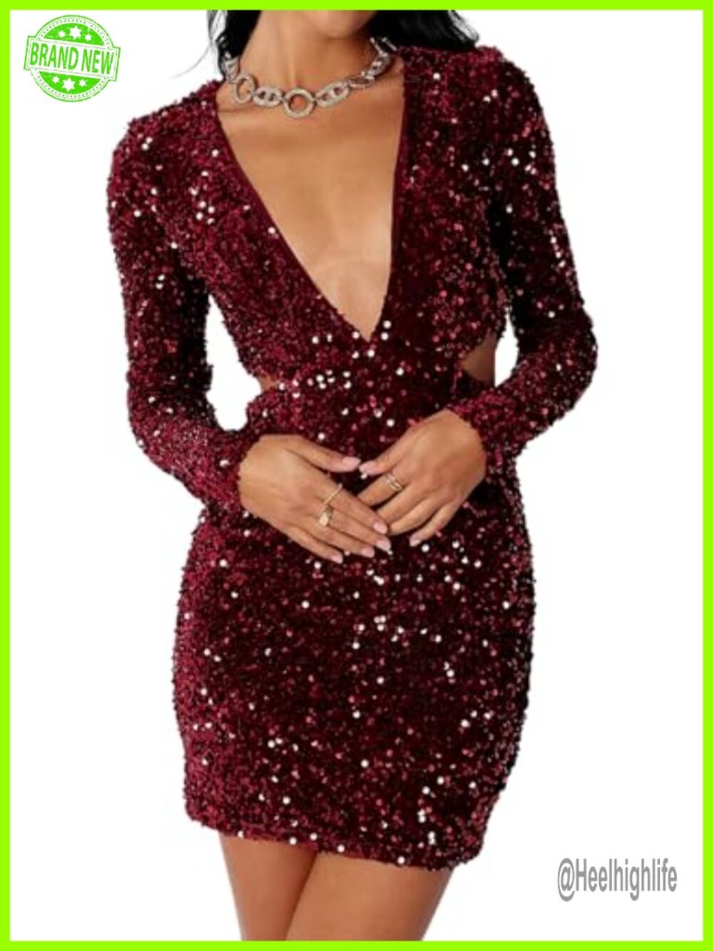 R.Vivimos Women's Sequin Glitter Party Mini Dress Long Sleeve Deep V Neck